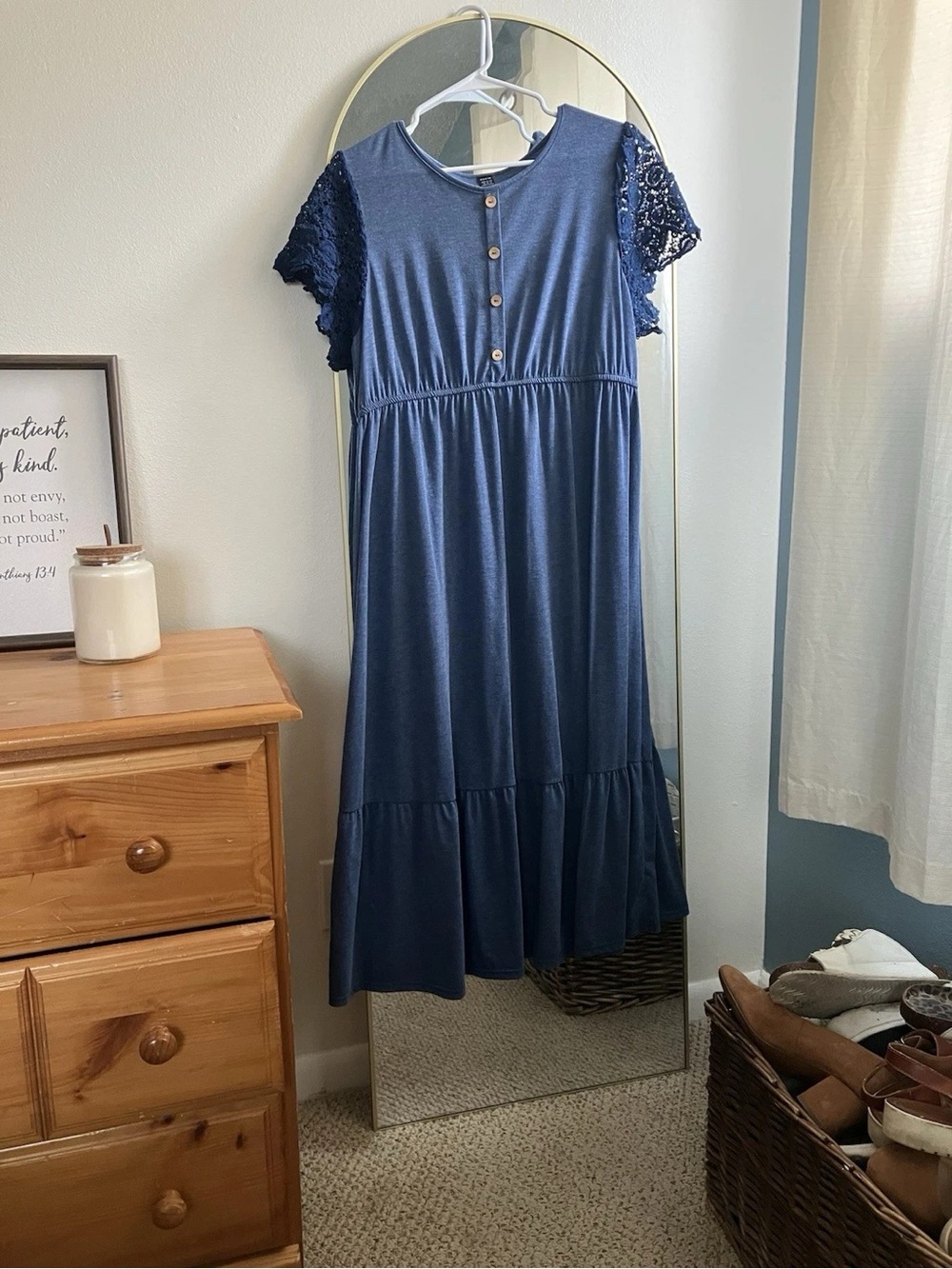 SHEIN Navy Button-Front Maxi Dress with Lace Sleeves